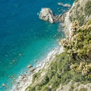 utsikt ned mot havet med blågrønt vann